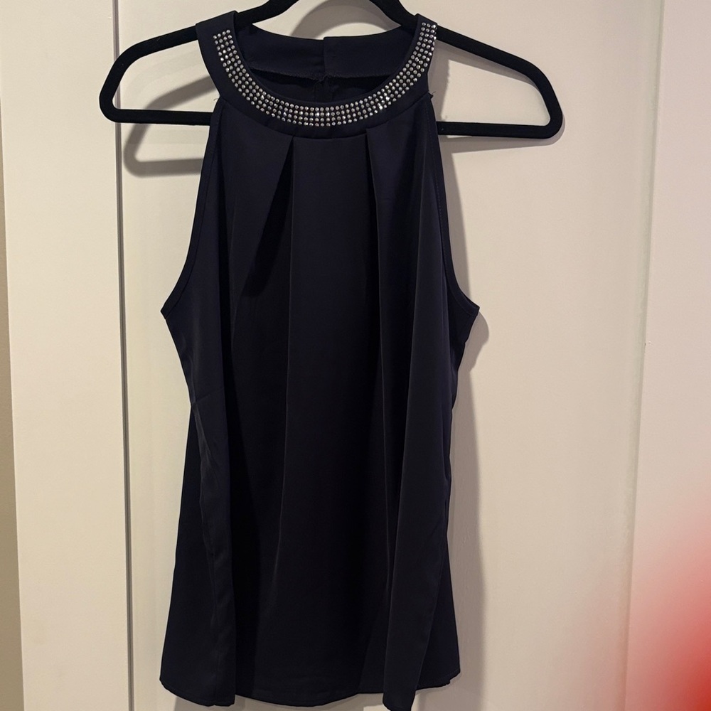 Sophisticated Navy Sleeveless Blouse with Studded Collar